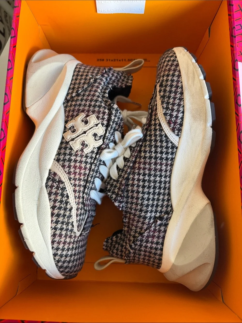 Tory Burch Tweed Houndstooth Lace-Up Sneakers in Black, White & Burgundy